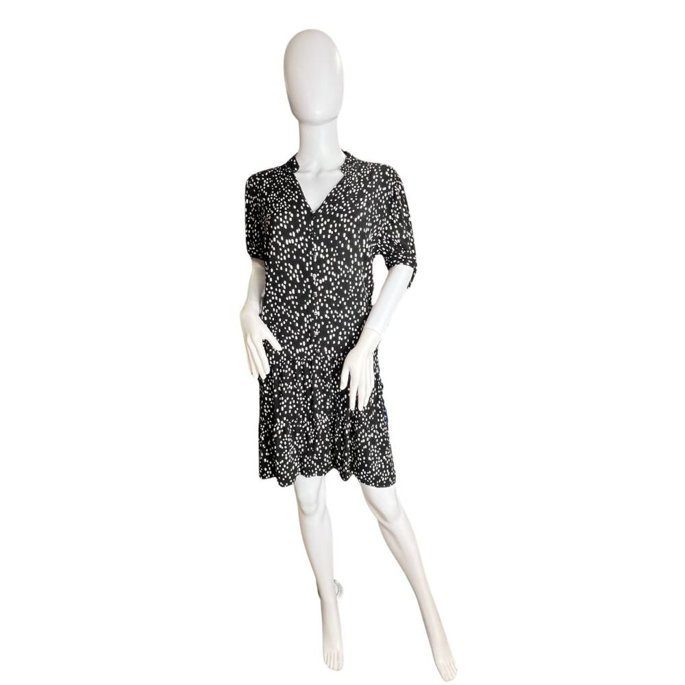 Mlle Gabrielle Dress Large Black Polka Dot Tiered Chic Modern Midi Shirtdress
